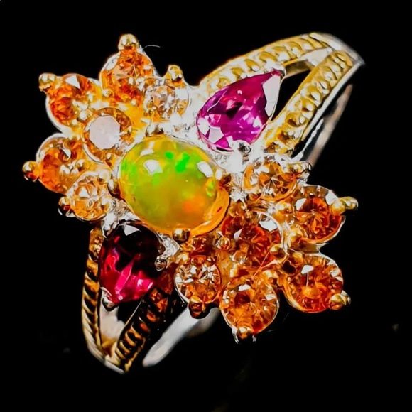 Genuine Fiery Opal & Garnet Ring